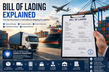 Logística de transporte internacional e documentação de transporte com Conhecimento de Embarque, contentores de carga e operações de frete